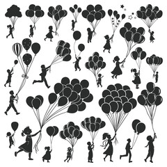 Vector Silhouette Set of Children Holding Balloons Playing and Running
