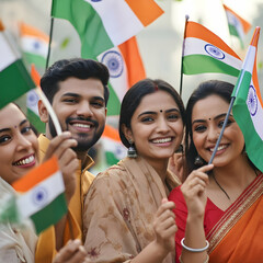 Patriotic Indian Crowd Smiling with Tricolor Independence Day Celebration Greetings