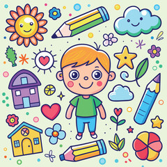 Kids Crayon Hand-Drawn Background, Cute Pencil Sketch Pattern with Flowers, Rainbow, Sun, and House 