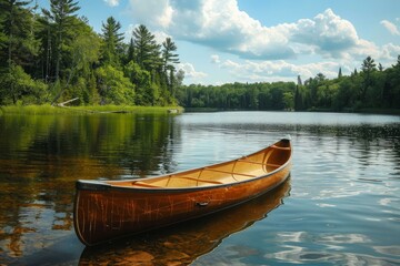 Obraz premium Classic wooden canoe floating on a pristine lake, surrounded by lush forest and reflecting the cloudy sky, creating a serene and peaceful atmosphere
