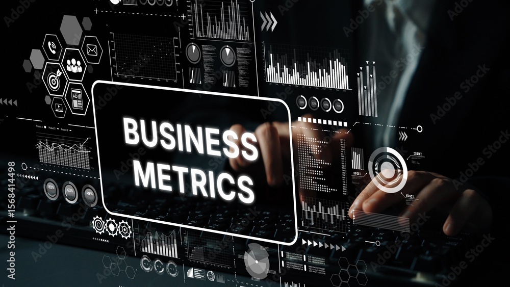 Poster business metrics dashboard with data visualization and analytical insights on digital screen by hand