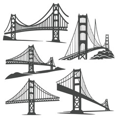Vector Set of Suspension Bridge Silhouette Icons for Architecture Design
