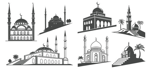 Fototapeta premium Vector Set of Mosque Silhouette Icons for Islamic and Religious Design 