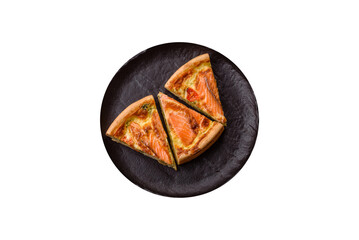 Quiche, salmon pie, broccoli, cheese. Quiche tart with fish and vegetables, cheese