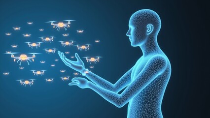 rendering human figure grid like pattern its body figure standing front dark blue background facing towards right side front figure several small orange drones flying air drones appear flying