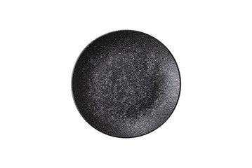 Empty round black plate for food, kitchen utensils on dining table. Empty plate