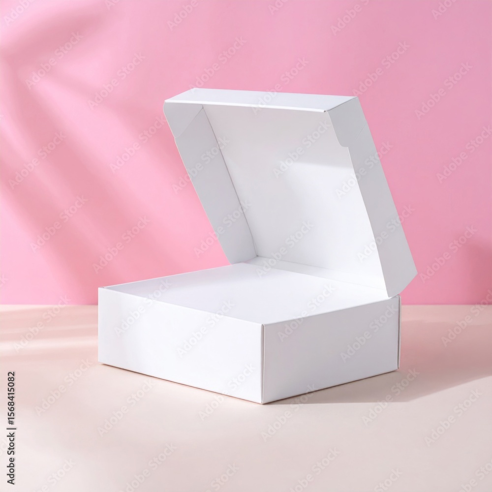 Poster white open box on pink background with soft shadows