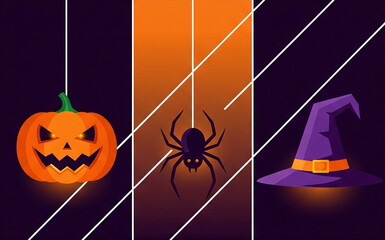 Dynamic Halloween Panels Graphic Hanging Jack o Lantern Black Spider Purple Witchs Hat Vertical Panels White Diagonal Lines on Dark Purple Background