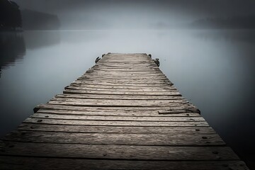 Obraz premium Old wooden dock extending into a foggy lake.