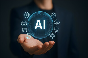 Futuristic AI Technology Globe in Hand with Innovation Icons – Artificial Intelligence Concept for Digital Transformation and Tech Design