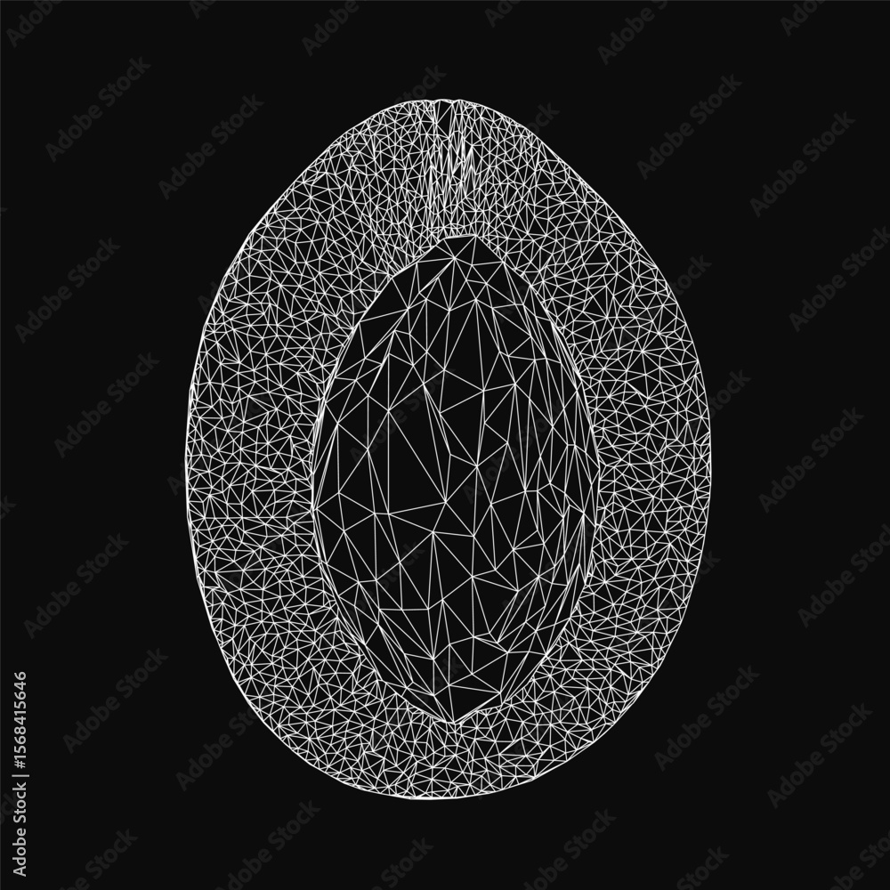 Poster a wireframe avocado in cross-section with a visible pit, composed of clean white lines on a black ba