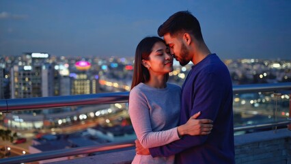 Romantic young asian female and hispanic male couple embracing on city rooftop at night
