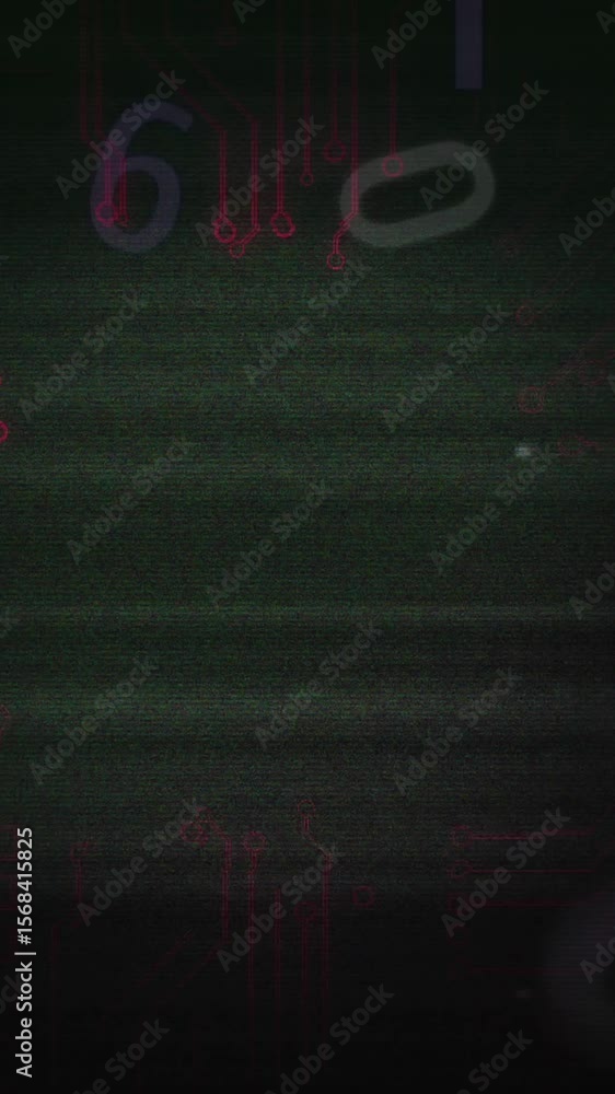 Poster animation of floating numbers, glitch technique over circuit board pattern in background