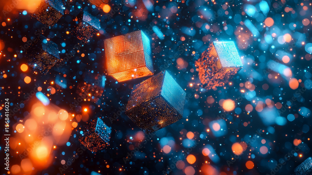 Poster futuristic glowing cubes with vibrant bokeh effects create a dynamic digital art scene