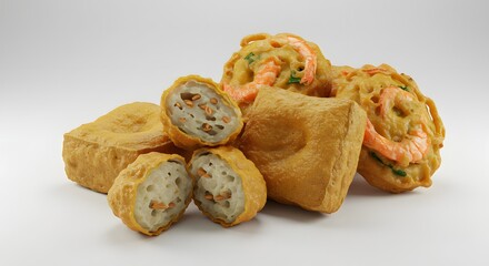 Delicious Indonesian Fried Snacks: Crispy Bakwan Udang and Savory Tahu Isi on White Background