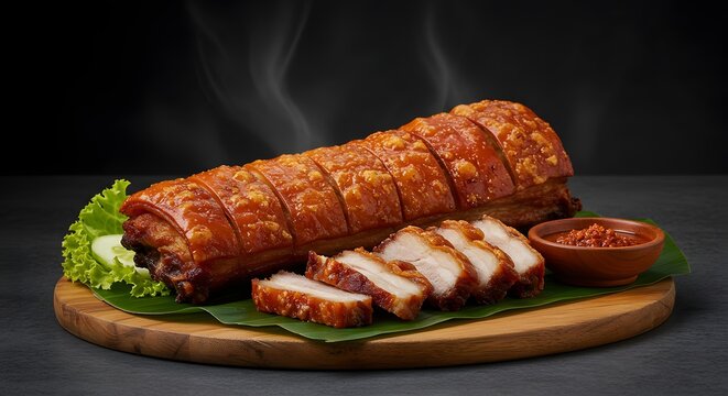 Crispy Roasted Pork Belly (Lechon Kawali) with Dipping Sauce and Fresh Vegetables on Wooden Board