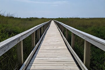 Obraz premium Wooden boardwalk leading to the horizon through coastal marsh grasses.