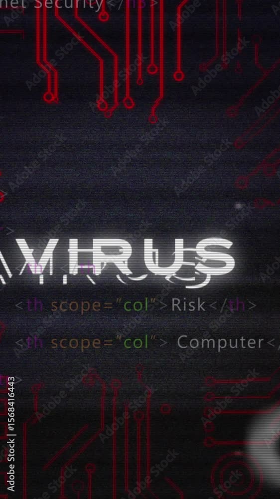 Poster animation of glitch technique over virus text, circuit board pattern against programming language
