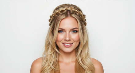Smiling blonde woman with crown braid hairstyle on white background. Professional hair styling demonstration for salon services and special occasion looks