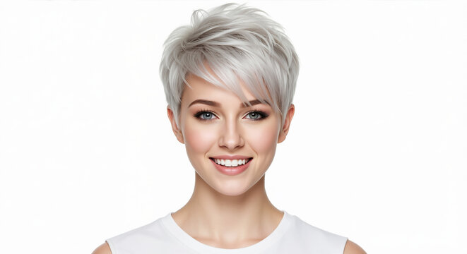 Young woman with short platinum blonde pixie haircut on white background. Modern hair styling concept for trendy salon cuts and contemporary looks