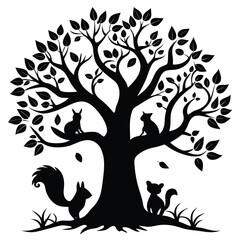 Black silhouette of a leafy tree with squirrels and grass leaves branches