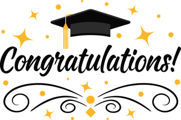 Congratulations graduation cap and decorative elements with stars and dots isolated on transparent background