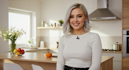 Woman with platinum blonde bob haircut in modern kitchen. Sleek hairstyle with microphone for lifestyle content and everyday styling services