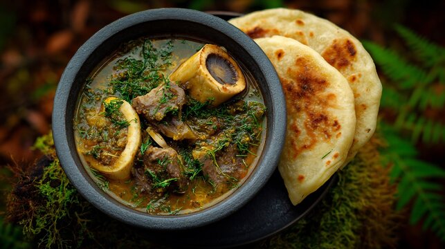 Pakistani paya soup bone marrow herbs and naan on side top down view in natural setting