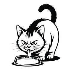 Black and white vector of an angry cat tapping a food bowl showing impatience and hunger in bold expressive style
