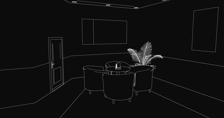 A cozy cafe interior sketched in black and white, featuring a wooden table with chairs, potted plant, open door, and framed artwork on the walls. The minimalist line drawing captures a welcoming.