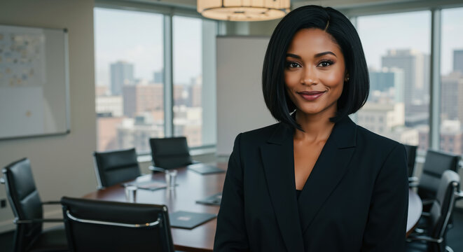 African American woman with sleek black bob haircut in corporate office setting. Professional hair styling and cutting for business beauty treatments and workplace looks