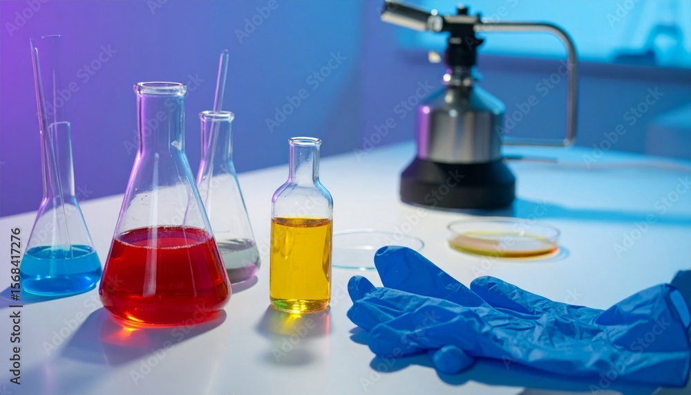 Poster laboratory experiment with colorful liquids and glassware