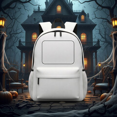 Haunted House Backpack Display White Backpack on Cracked Ground Eerie Mansion Glowing Windows Ornate Chairs Pumpkins Spiderwebs Stone Pillars Spooky Scene
