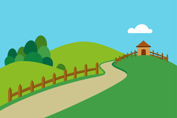 Obraz premium Village Path With Rustic Fence Green Meadows