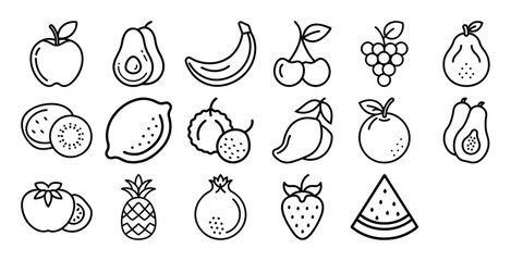 Minimal Line Art Fruit Icons Collection – 18 Healthy Fruit Symbols Set