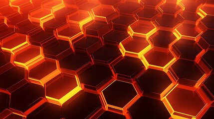 Hexagonal honeycomb patterns filled with pulsating light nodes, arranged symmetrically in bold red and orange tones.