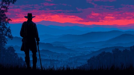 Fototapeta premium Lone pioneer man with walking stick on rolling hills, sunrise colors, minimalist landscape, clean lines, Pioneer Day concept
