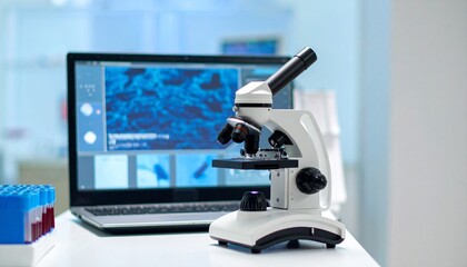 Microscope with laptop displaying biological tissue samples in a medical laboratory