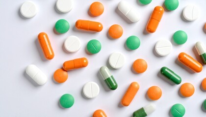 Close-up of various pills and capsules on white surface
