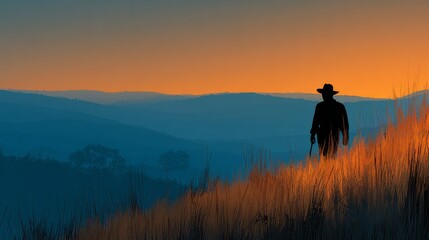 Lone pioneer man with walking stick on rolling hills, sunrise colors, minimalist landscape, clean lines, Pioneer Day concept