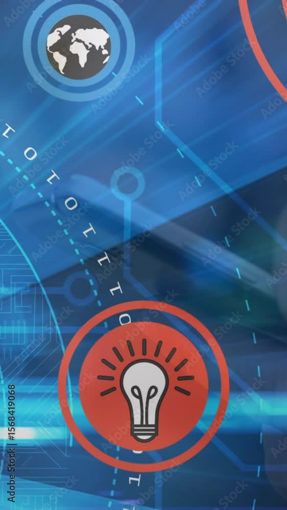 Poster animation of network of connections with icons over man using smartphone