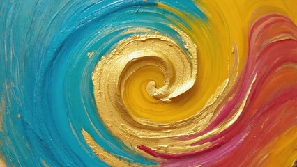 Vivid spiral swirl in blue, yellow, and gold abstract art with dynamic brushstrokes