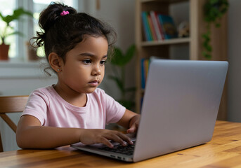 Young girl learning online with laptop for kids education and home schooling study time for children