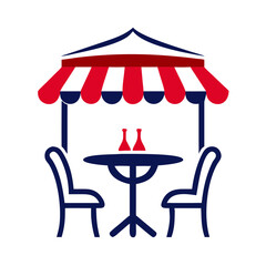 Outdoor cafe with colorful awning and table set for two  