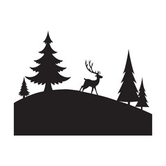 Naklejka premium Reindeer And Sleigh Beside Christmas Tree Silhouette