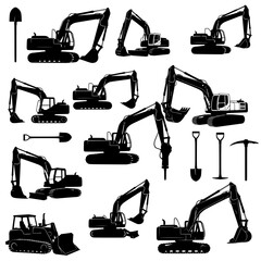 Collection of black construction equipment silhouettes including excavators a bulldozer a jackhammer a shovel and a pickaxe isolated on transparent background silhouette
