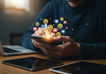 Social media marketing strategy using mobile phone with emoji reactions and engagement for online business growth