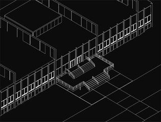 Black and white architectural drawing of a house entrance featuring a detailed staircase. The design includes clean lines, precise measurements, and a functional layout.