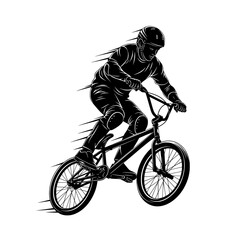 Dynamic silhouette of a bmx rider performing a trick on a bicycle with protective gear isolated on transparent background