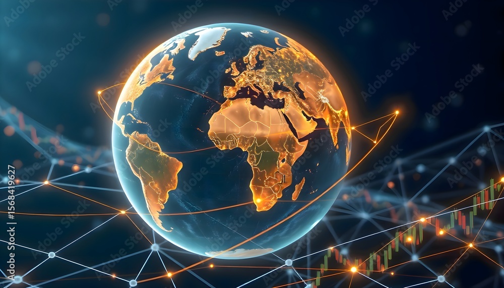 Poster globe surrounded by connected lines and digital dots representing global communication and modern ne